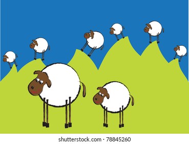 funny illustration of flock of sheep on the hills