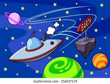 Funny illustration of a flying saucer en route to the Earth. Spatial background with planets and stars. Direction signal with the text Earth.