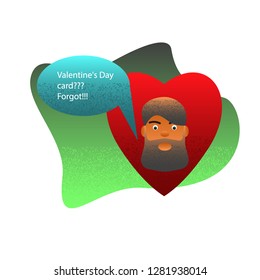 A funny illustration in the form of a comic for Valentine is Day, a young guy with a beard shows his emotions in the form of fright.