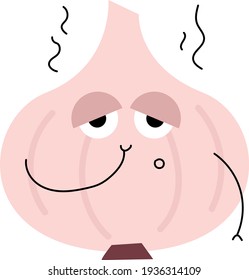 Funny illustration of garlic with face and hands, stuffing his nose and smells bad.