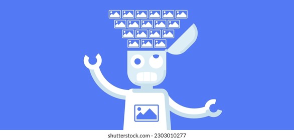 Funny illustration of Generative AI learning. Uploading images to the robot's head. Awkward looking robot. Vector illustration