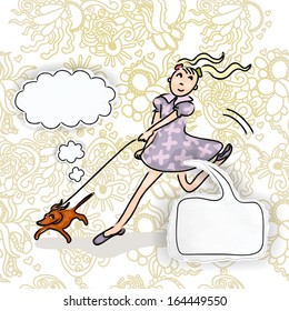Funny illustration of a girl and a dog for a walk on a leash, their speech and thoughts in speech bubbles