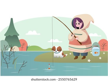 Funny illustration of a girl in a sweatshirt fishing with a dog, flat design vector illustration. To create postcards
