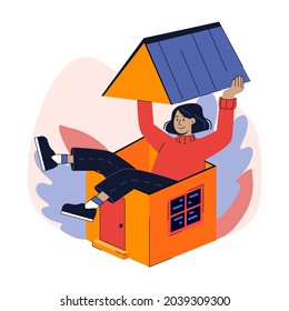 A Funny Illustration Of A Girl Who Is Sitting Inside A Tiny House. Vector Graphics.