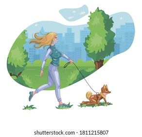 Funny illustration of a girl who walks with a child. Beautiful illustration on a white background. Isolated vector illustration. Family history. Urban illustration. Happy cheerful family.