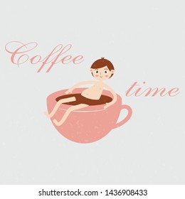 Funny illustration of a guy sitting in a cup of coffee. Inscription coffee time. Concept for signage cafe, restaurant. Pastel colors. Web design.