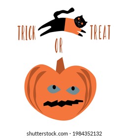 Funny illustration for Halloween. Black cat jumping over an evil pumpkin and the inscription Trick or Treat. vector illustration 