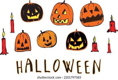 funny illustration of halloween pumpkins, scary and funny pumpkins carved with candles, decoration for children, october, day of the dead
