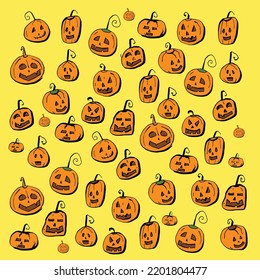funny illustration of halloween pumpkins, scary and funny pumpkins carved, decoration for children, october, day of the dead