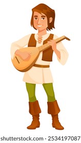 ilustração engraçada de um bardo ou menestrel medieval bonito, cantando e tocando alaúde. Personagem de desenho animado bonito, isolado no branco.