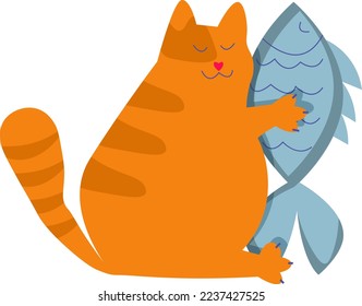 Funny illustration with happy fat cat holding fish drawing on transparent background