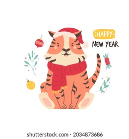 Funny illustration with a happy tiger in hat and scarf. Cartoon animal for Chinese New Year