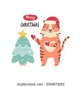 Funny illustration with a happy tiger in hat and mittens decorating Christmas tree. Vector image in a modern flat style
