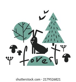 Graciosa ilustración con liebre en el bosque para la impresión de postales y productos textiles. Habitante del bosque en el hábitat. La pradera de moras y setas en el bosque. Dejando de lado un tema forestal.