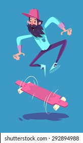 Funny  illustration of hipster on longboard cartoon character. Vector 