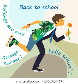 funny illustration. the holidays are over and the school year begins. the boy runs to school. vector illustration. EPS 10.