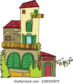 funny illustration of an imaginary, fantastic, magical, crooked house, with secret rooms, balconies and tavern, autumn plants