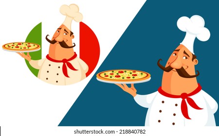 funny illustration of an Italian pizza chef. Italian cook holding a delicious pizza. Cartoon character, isolated. Vector eps file.