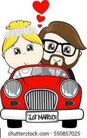 funny illustration of just married bride and groom driving a red car isolated on white background