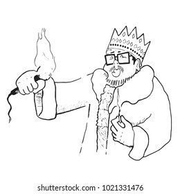 A funny illustration of a king lighting a microphone on fire.
