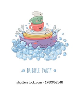 Funny illustration with kitchen dishes surrounded by bubbles. Cute vector picture of washing dishes for kids or bathing babies