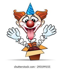 Funny illustration of laughing clown jumps out of surprised box. Isolated on white background.