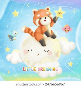 Funny illustration of a little dreaming of red panda with moon, stars, clouds, and little birds