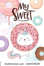 Funny Illustration With Magic Cat Unicorn And Donut. Invitation Or Greeting Card.. Invitation Or Greeting Card. Editable Vector Illustration