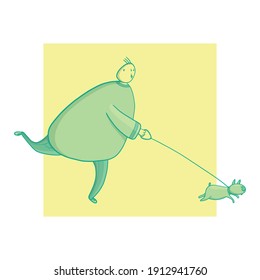 A funny illustration - a man and a pet, a man runs after a dog, a chase, an active walk.