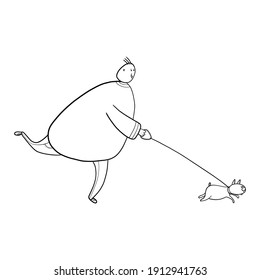 A funny illustration - a man and a pet, a man runs after a dog, a chase, an active walk.