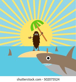 
funny illustration of a man surviving on a desert island with a palm tree among the sharks shaggy man needs help