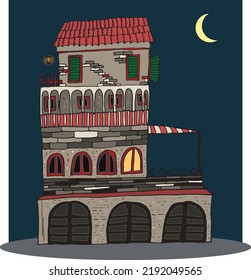 funny illustration of a medieval house at night in the moonlight, with porch, porch, terrace and windows with green wooden shutters, closed botteche at street level and lit lantern