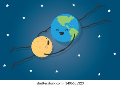 Funny illustration of the moon revolves around the earth. Vector characters in the form of planets. Child illustration for print in a book.