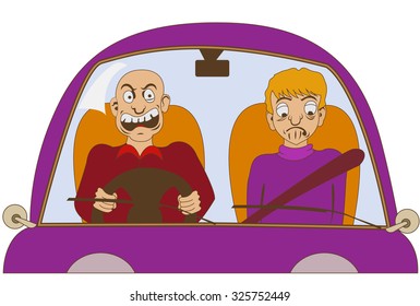 Funny illustration of a nervous driver without a seat belt is yelling at something, while his passenger is looking sad.