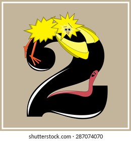 Funny illustration of number two with the chick and worm
