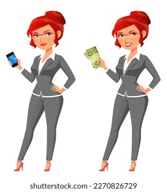 funny illustration of an office woman in grey suit. Beautiful redhead businesswoman holding a cell phone or money and smiling optimistically. Cartoon character, isolated on white. Vector eps file.