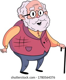 Funny illustration of old grandfather with a stick over white background.