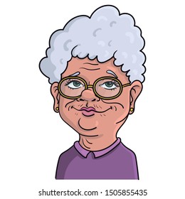 funny illustration of an old granny with touped light gray hair and purple top. face, avatar, emtotion, vector.