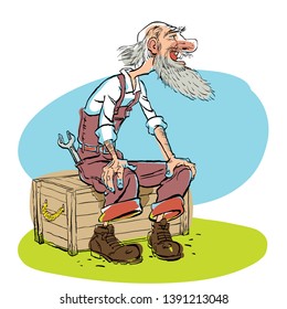 Funny illustration of old man cartoon character. Old master, sitting oldster.