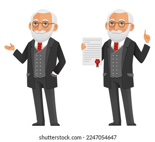 funny illustration of an old man in elegant black suit, gesturing or holding a contract with red seal. A senior lawyer, professor or businessman. Isolated on white. Cartoon character. Vector eps file.