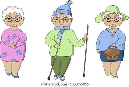 Funny illustration of old woman cartoon character set.