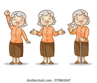 Funny illustration of old woman cartoon character set. Isolated vector illustration.