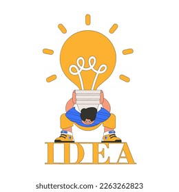 Graciosa ilustración del tema de la idea. Un hombre sostiene una fuerte bombilla de luz.