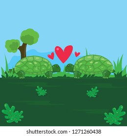 Funny illustration of a pair of turtle lovers in the garden with a blue sky background