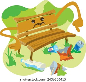 Lustige Illustration einer Parkbank, die auf herumliegenden und wütenden Müll zeigt