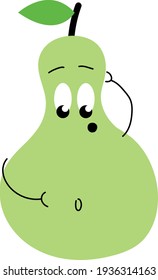 Funny illustration of a pear with face and hands surprised by his size