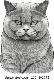 Funny Illustration Pencil Hand Drawing Angry Grumpy British Shorthair Cat