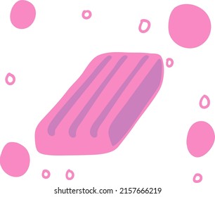 Graciosa ilustración de un jabón rosa o chicle en la mano de una persona. Burbujas rosas vuelan por ahí.
