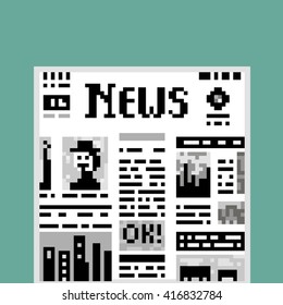 Funny illustration pixel art 8 bit black and white newspaper isolated on green background with lettering News text OK! columns images / vector eps 10