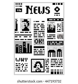 Divertido arte del pixel de la ilustración 8 pedazos diarios blancos y negros aislados en el fondo blanco con el texto del retrato de la celebridad de la gente de la Noticias de las letras OK! columnas Imágenes / Vector eps 10